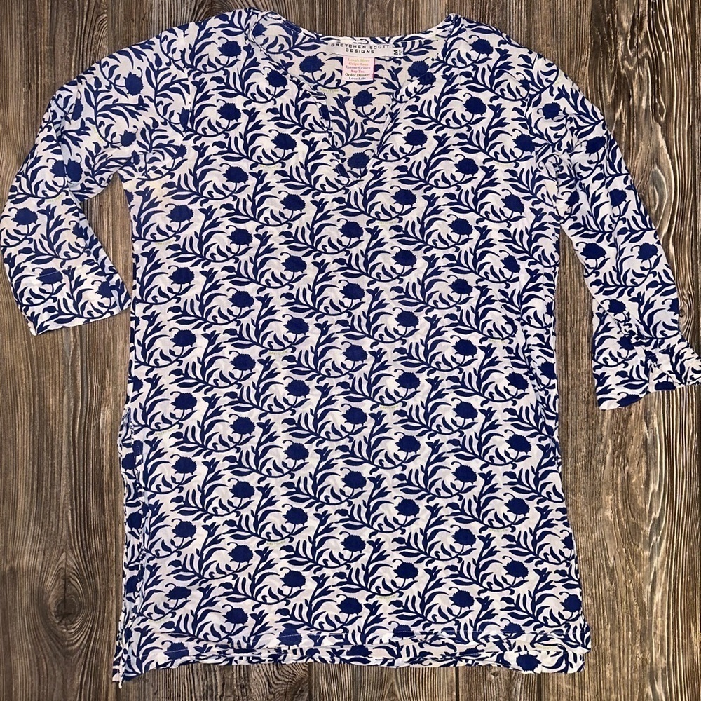 Gretchen Scott Designs Blue Flower Tunic Top